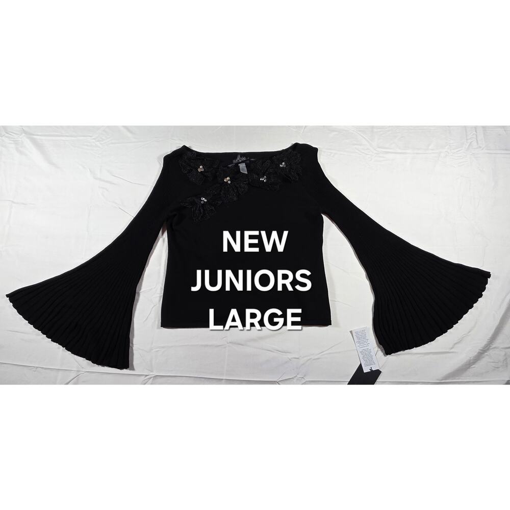 NEW JUNIORS LARGE OFF THE SHOULDER TRUMPET SLEEVE SWEATER WITH CRYSTAL FLORAL
